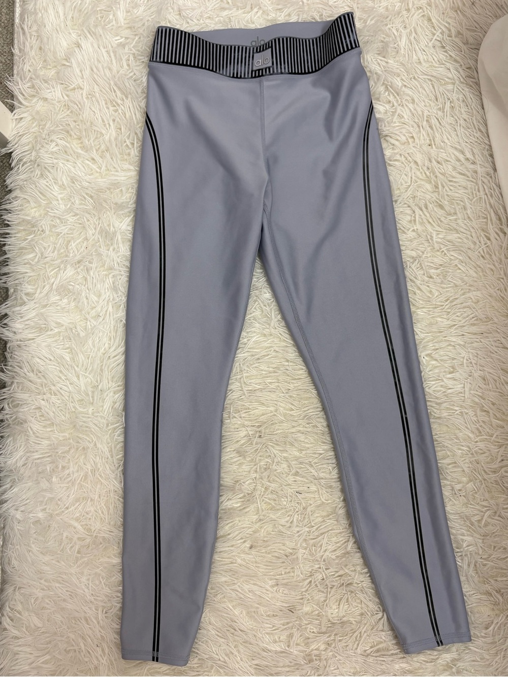 Alo Yoga Ice Blue Active Leggings with Black Stripe Detail